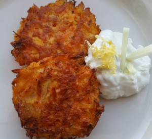 Carrot Latkes with Green Apple Sour Cream