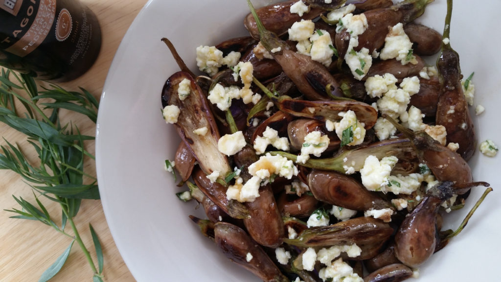 Fairy tale eggplant with feta, tarragon, and honey