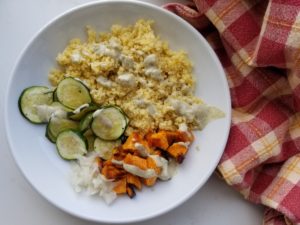 Grain bowl with miso-sesame dressing