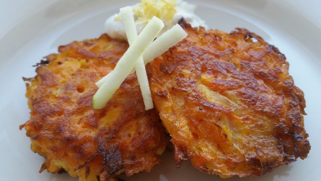 Carrot Latkes with Green Apple Sour Cream