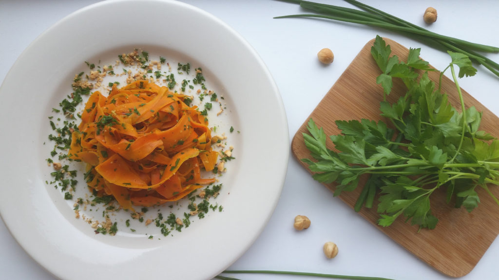 Carrot Pasta with Herbs and Hazelnuts